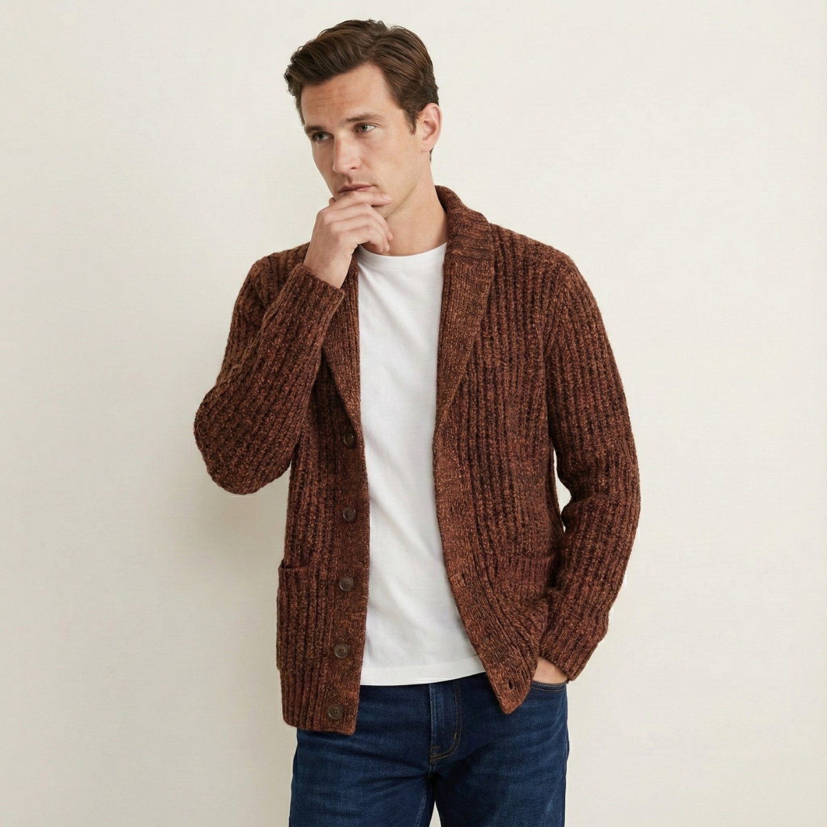 Men's chunky knit cardigan with shawl collar and buttons