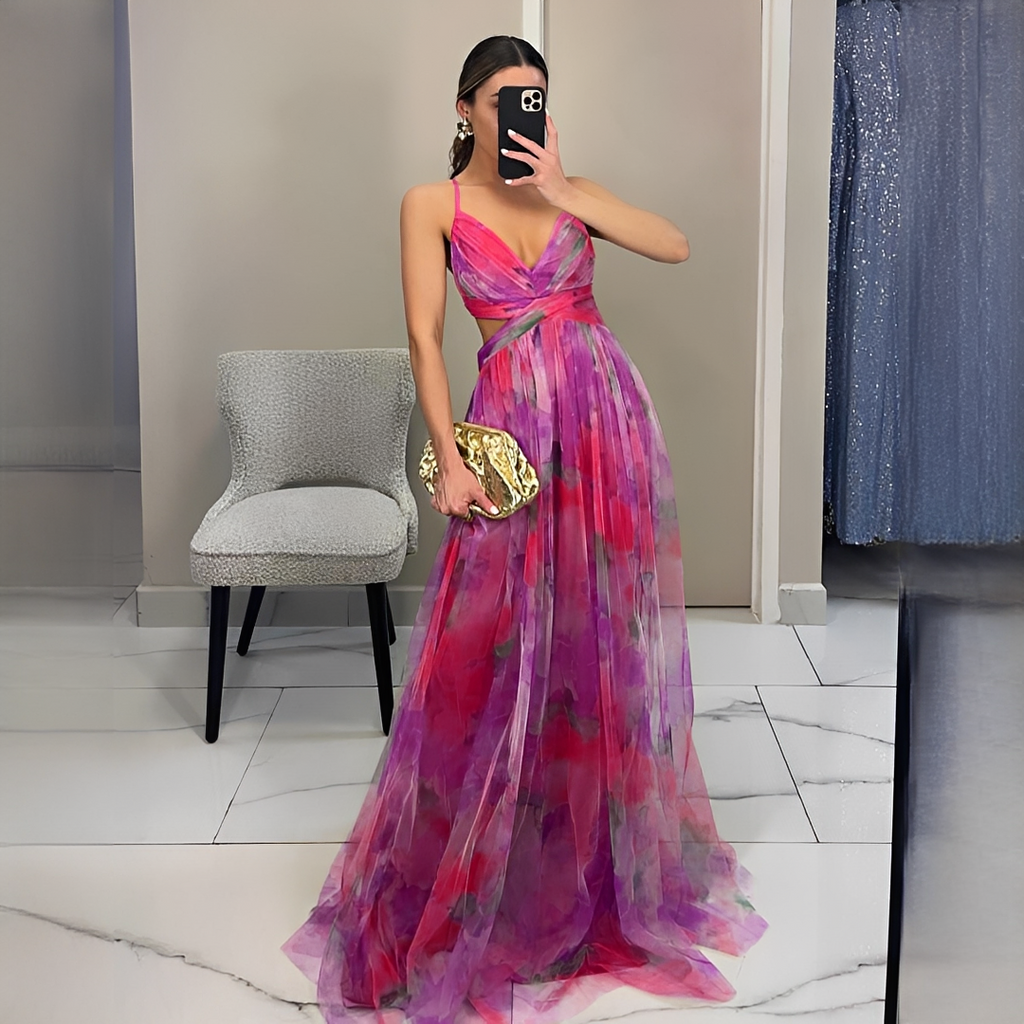 Women's multicoloured abstract V-neck maxi dress with spaghetti straps