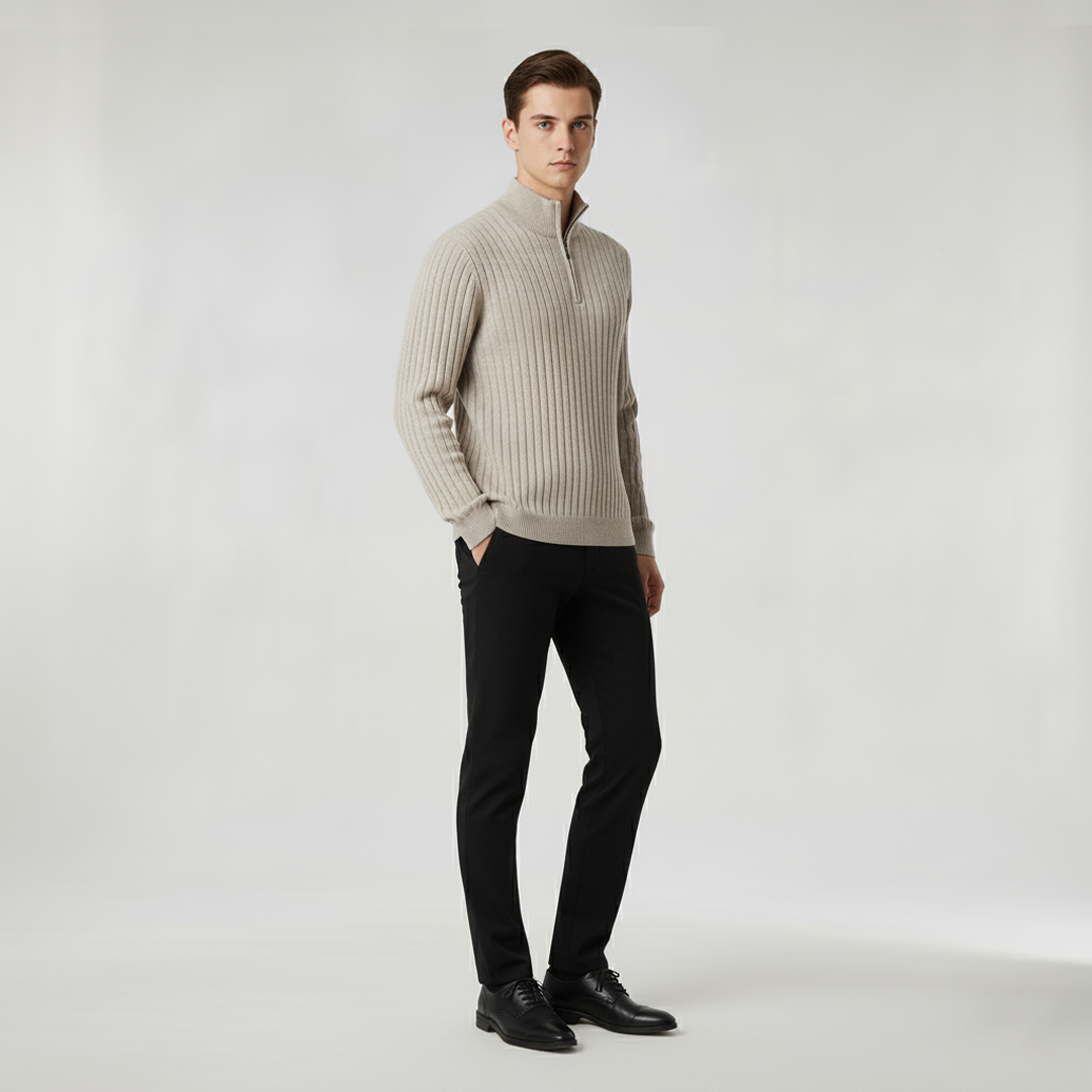 Men's ribbed half-zip jumper with high collar and long sleeves