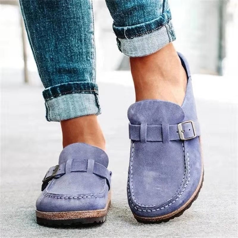 Women's buckle slip-on loafers with moc toes and stitched trim