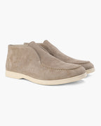 Suede loafers with moc stitching and contrasting light soles