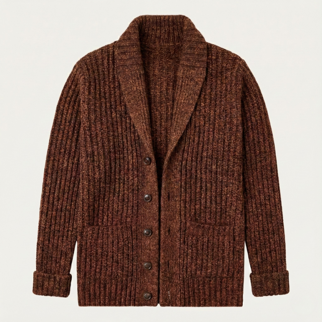 Men's chunky knit cardigan with shawl collar and buttons