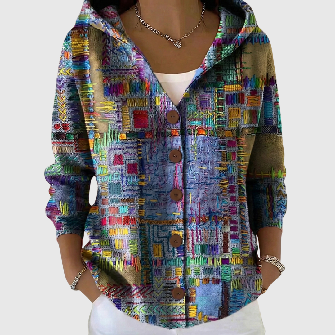 Women's multicoloured abstract hooded knit cardigan with button front