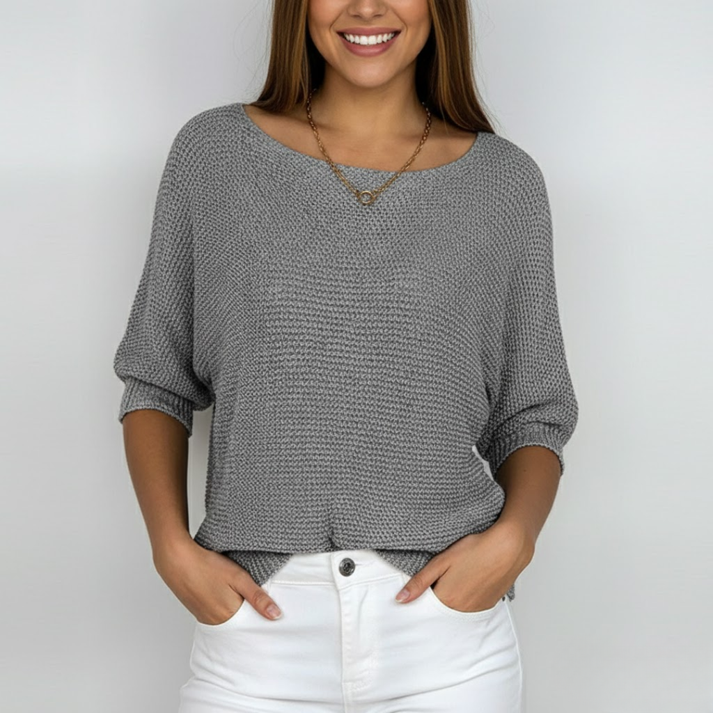 Women's textured knit jumper with wide boat neckline and three quarter sleeves