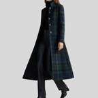 Women's long blue and green plaid coat with stand collar and buttons