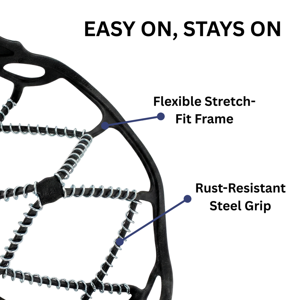 Black stretch ice cleats with traction chains fitted over boots
