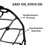 Black stretch ice cleats with traction chains fitted over boots