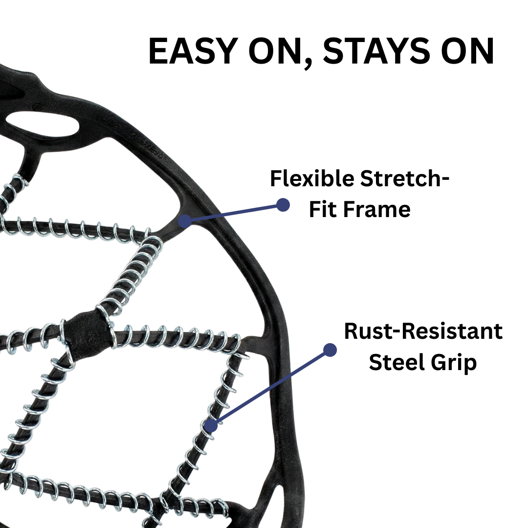 Black stretch ice cleats with traction chains fitted over boots