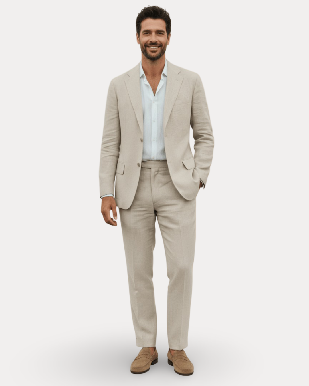 Men's tailored two-piece suit with notch lapel jacket and matching trousers