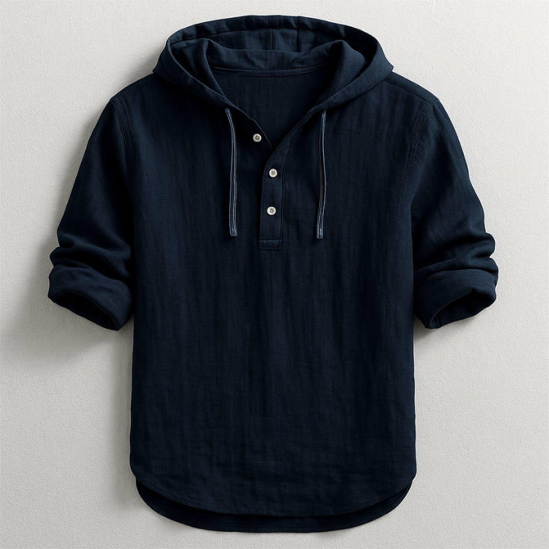 Men's long-sleeved hooded shirt with button placket and drawcords