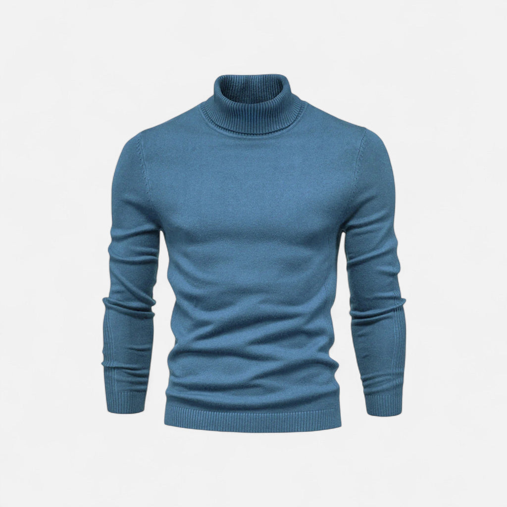 Men's half-zip knit sweater with raised turtleneck collar