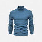 Men's half-zip knit sweater with raised turtleneck collar
