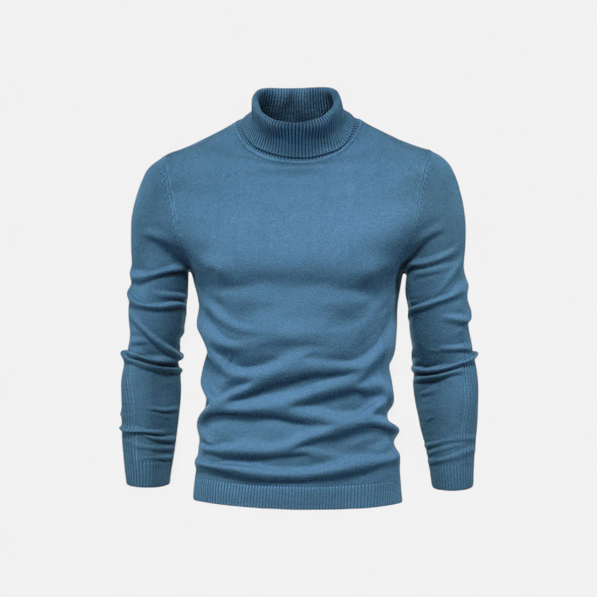 Men's half-zip knit sweater with raised turtleneck collar
