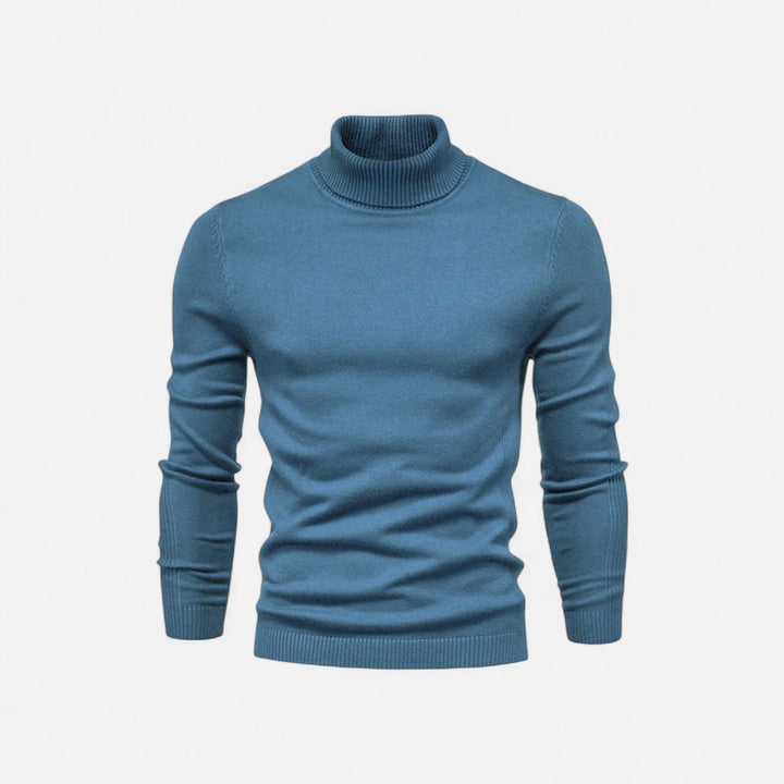 Men's half-zip knit sweater with raised turtleneck collar