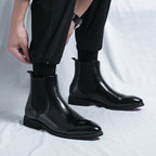Men's pointed toe Chelsea boots with elastic side panels and low heel