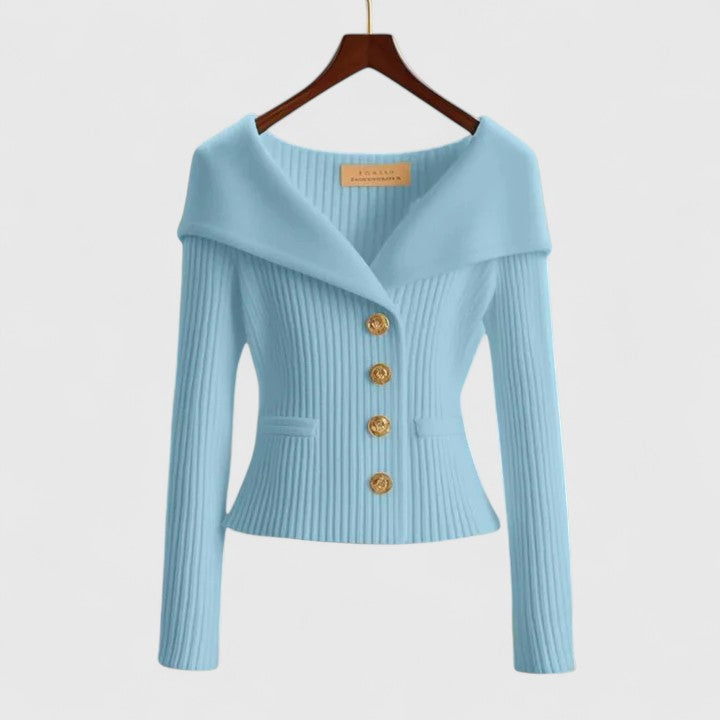 Women's ribbed button cardigan with wide collar and long sleeves