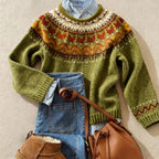 Women's green Fair Isle knit sweater with crew neck and long sleeves