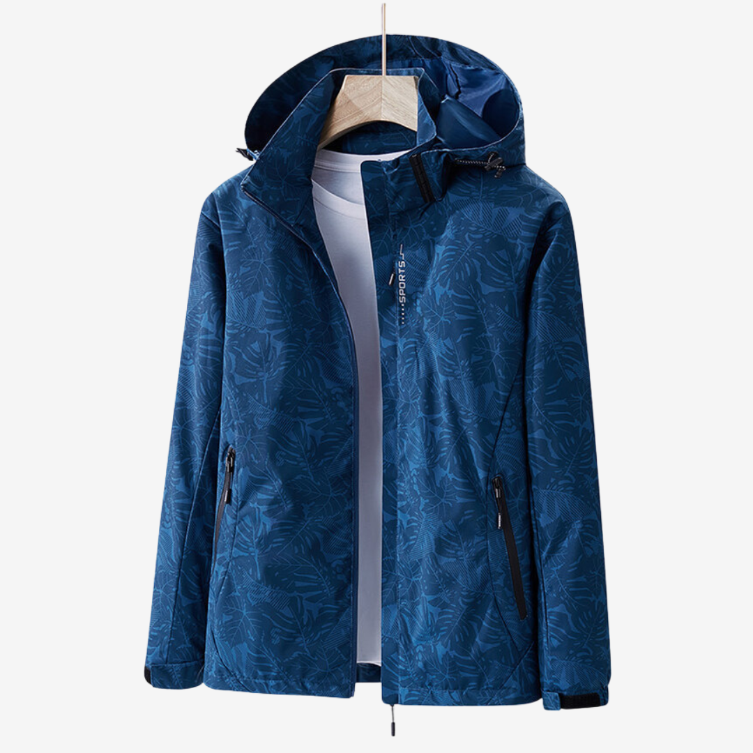 Women's hooded leaf print windbreaker jacket with long sleeves and zipped pockets