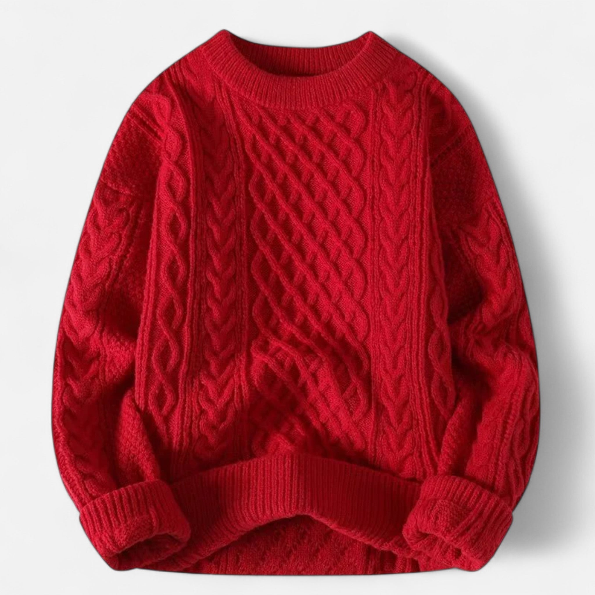 Men's cable knit crew neck sweater with long sleeves