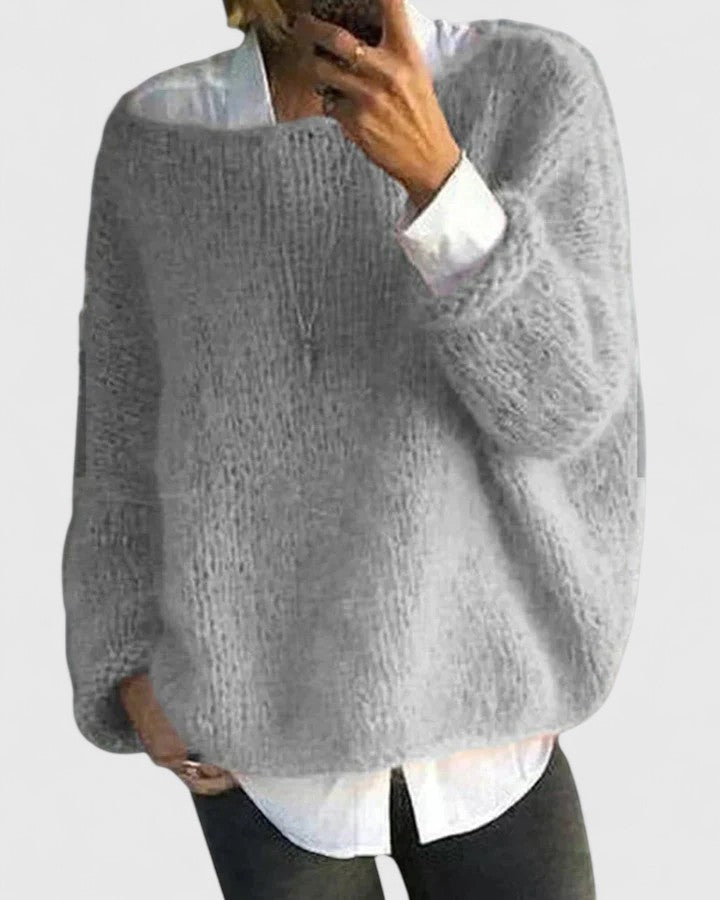 Women's relaxed ribbed knit sweater with crew neckline and long sleeves