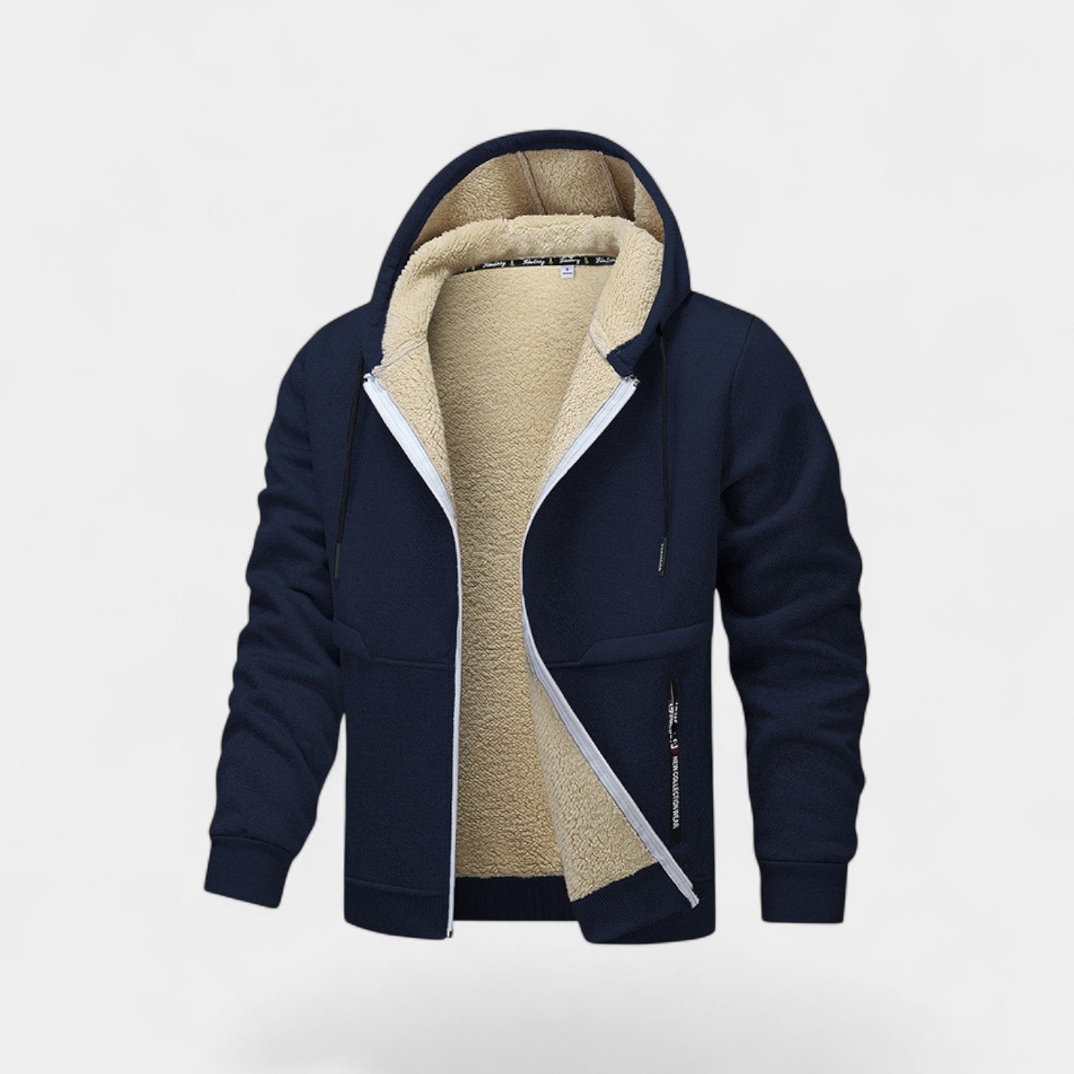 Men's hooded zip cardigan with contrasting sherpa-style lining