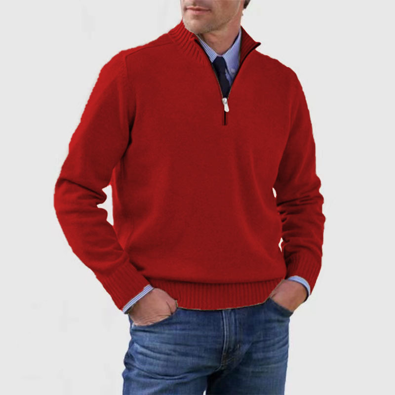 Men's quarter zip mock neck jumper with long sleeves and ribbed trims