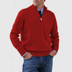 Men's quarter zip mock neck jumper with long sleeves and ribbed trims