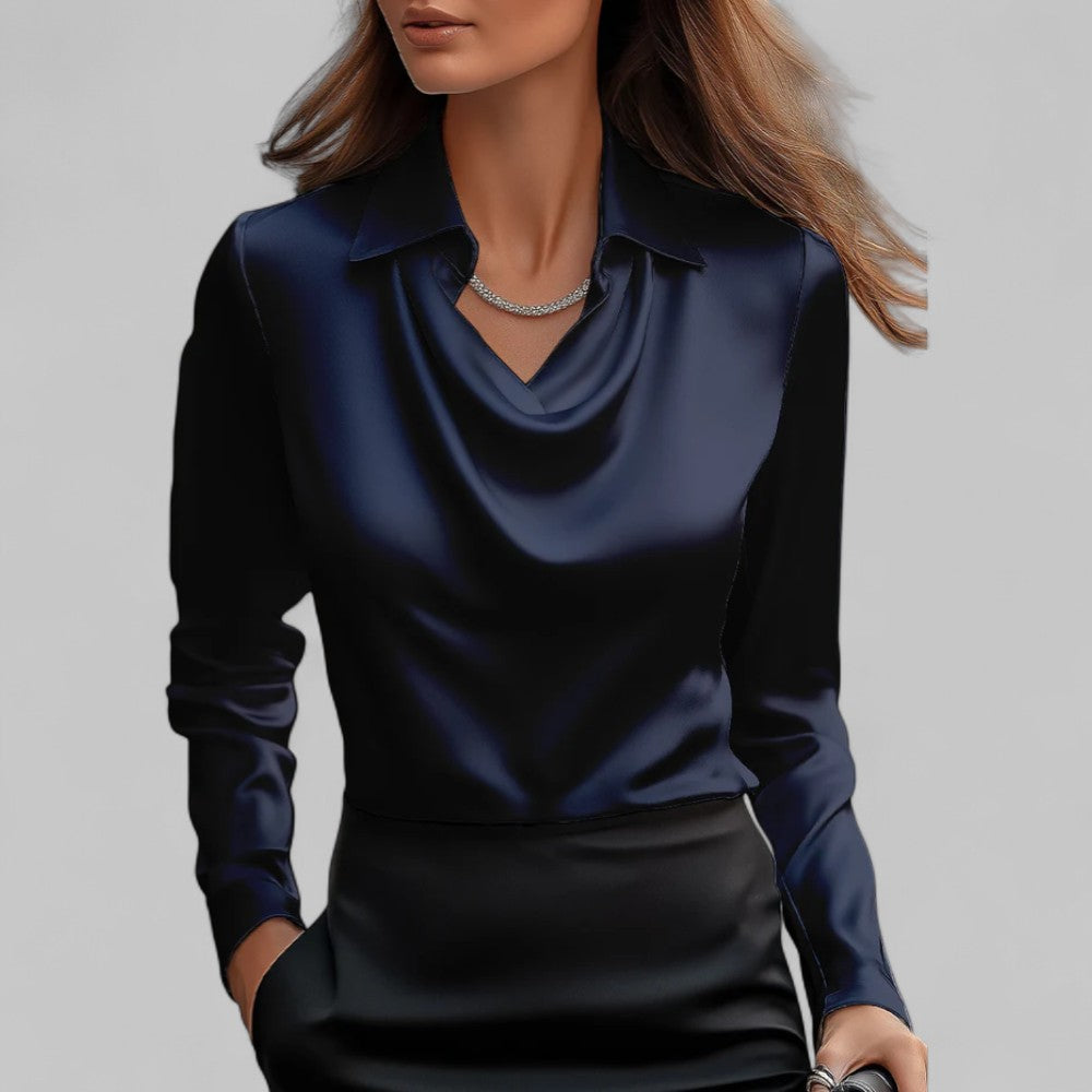 Women's long-sleeve blouse with draped neckline and pointed collar
