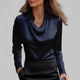Women's long-sleeve blouse with draped neckline and pointed collar