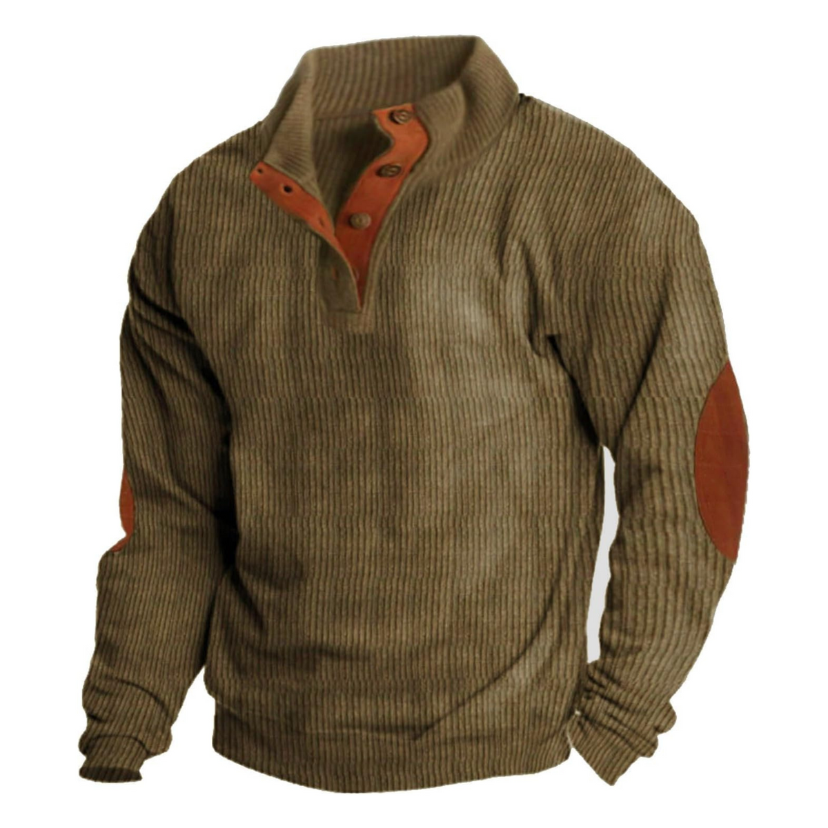 Men's ribbed quarter-button sweatshirt with stand collar and elbow patches
