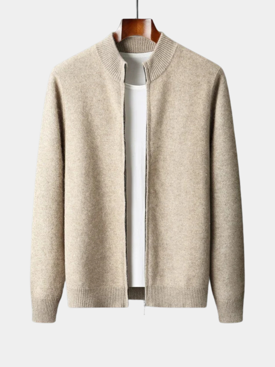 Men's long-sleeve zip-up cardigan with ribbed mock neck and trims