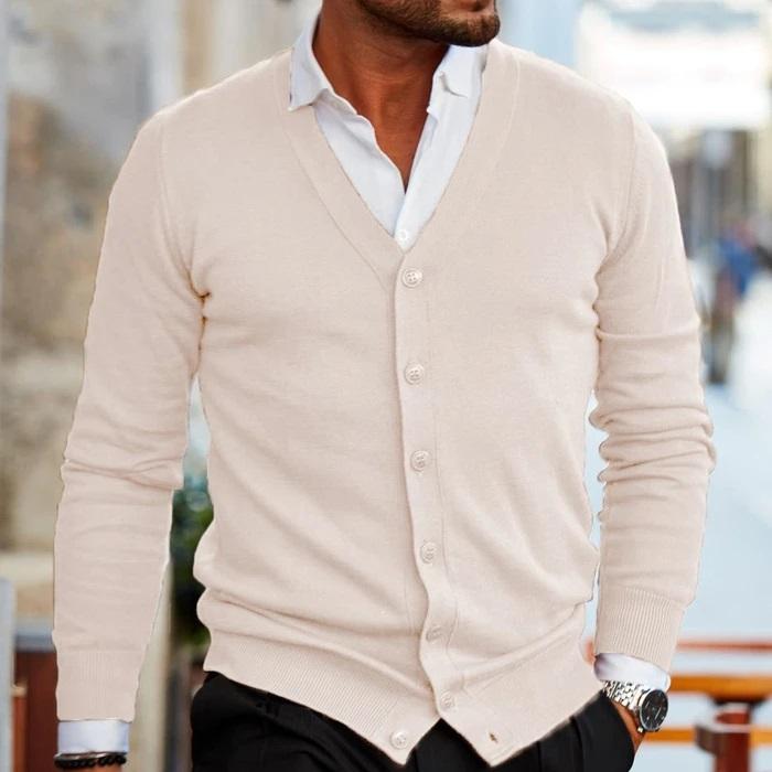 Men's plain V-neck cardigan with buttons and long sleeves