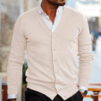 Men's plain V-neck cardigan with buttons and long sleeves