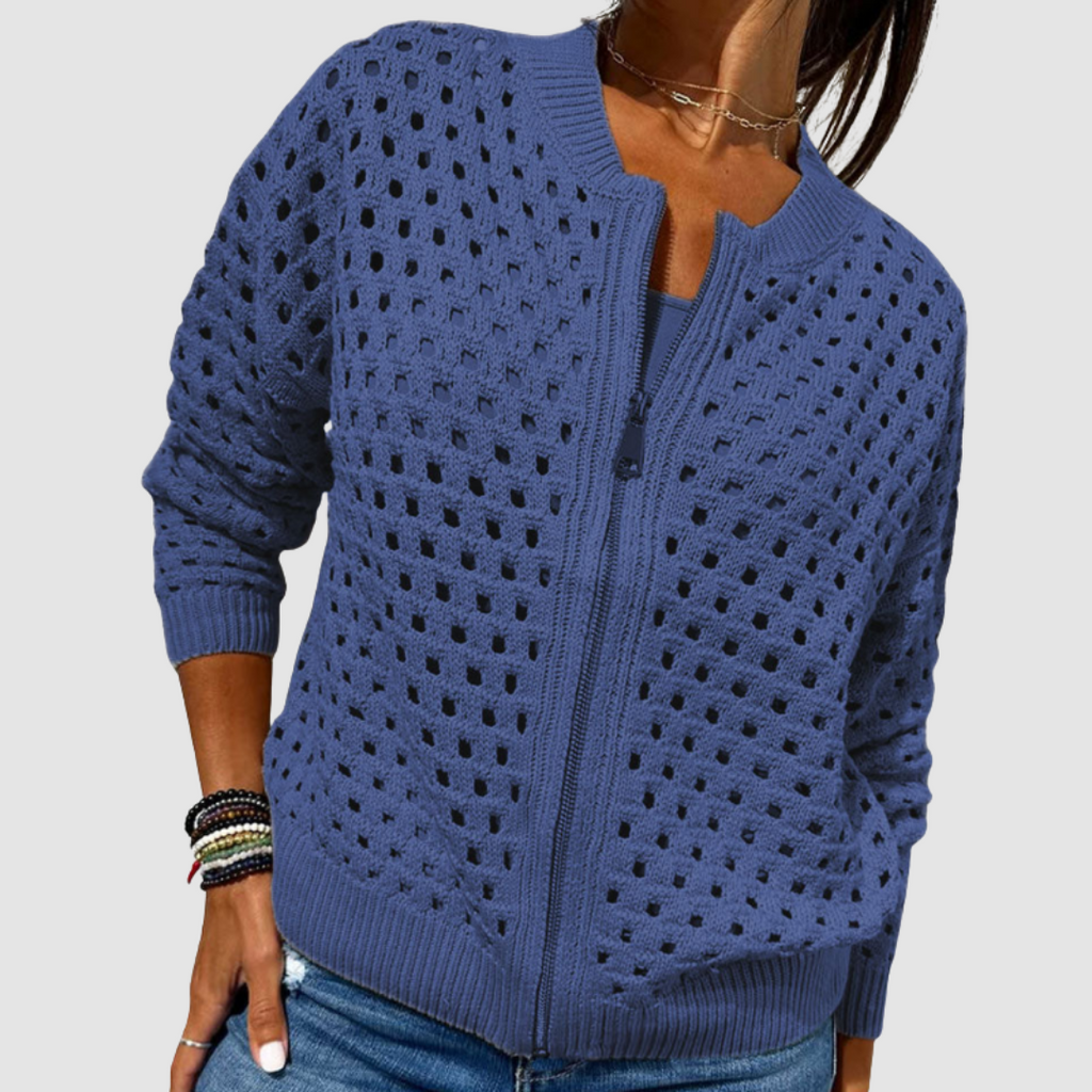 Women's open knit zip cardigan with ribbed trims and long sleeves