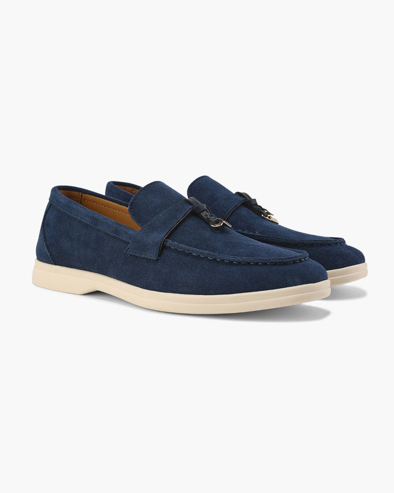 Women's slip-on loafers with moc toe stitching and metal horsebit detail