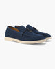 Women's slip-on loafers with moc toe stitching and metal horsebit detail
