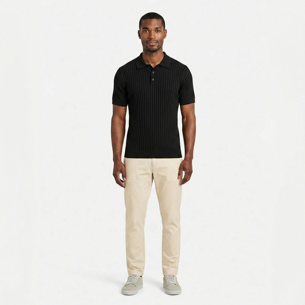 Men's ribbed knit polo shirt with short sleeves and button placket