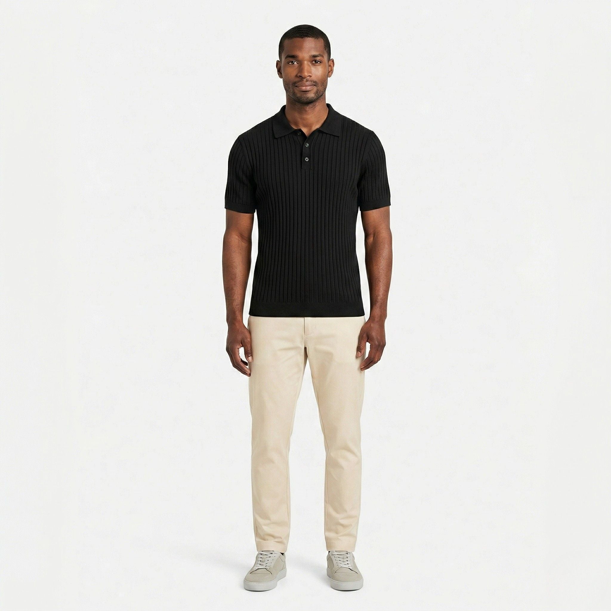 Men's ribbed knit polo shirt with short sleeves and button placket
