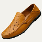 Perforated men's slip-on loafer with rounded toe and flat sole