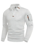 Men's long-sleeve textured quilted polo sweater with button placket and sleeve zip pocket