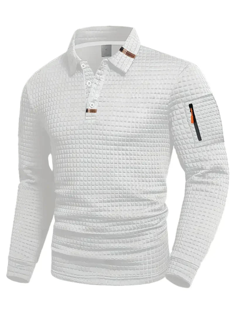 Men's long-sleeve textured quilted polo sweater with button placket and sleeve zip pocket