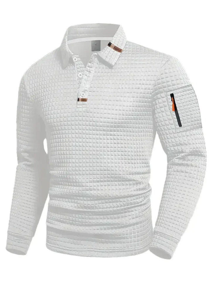 Men's long-sleeve textured quilted polo sweater with button placket and sleeve zip pocket