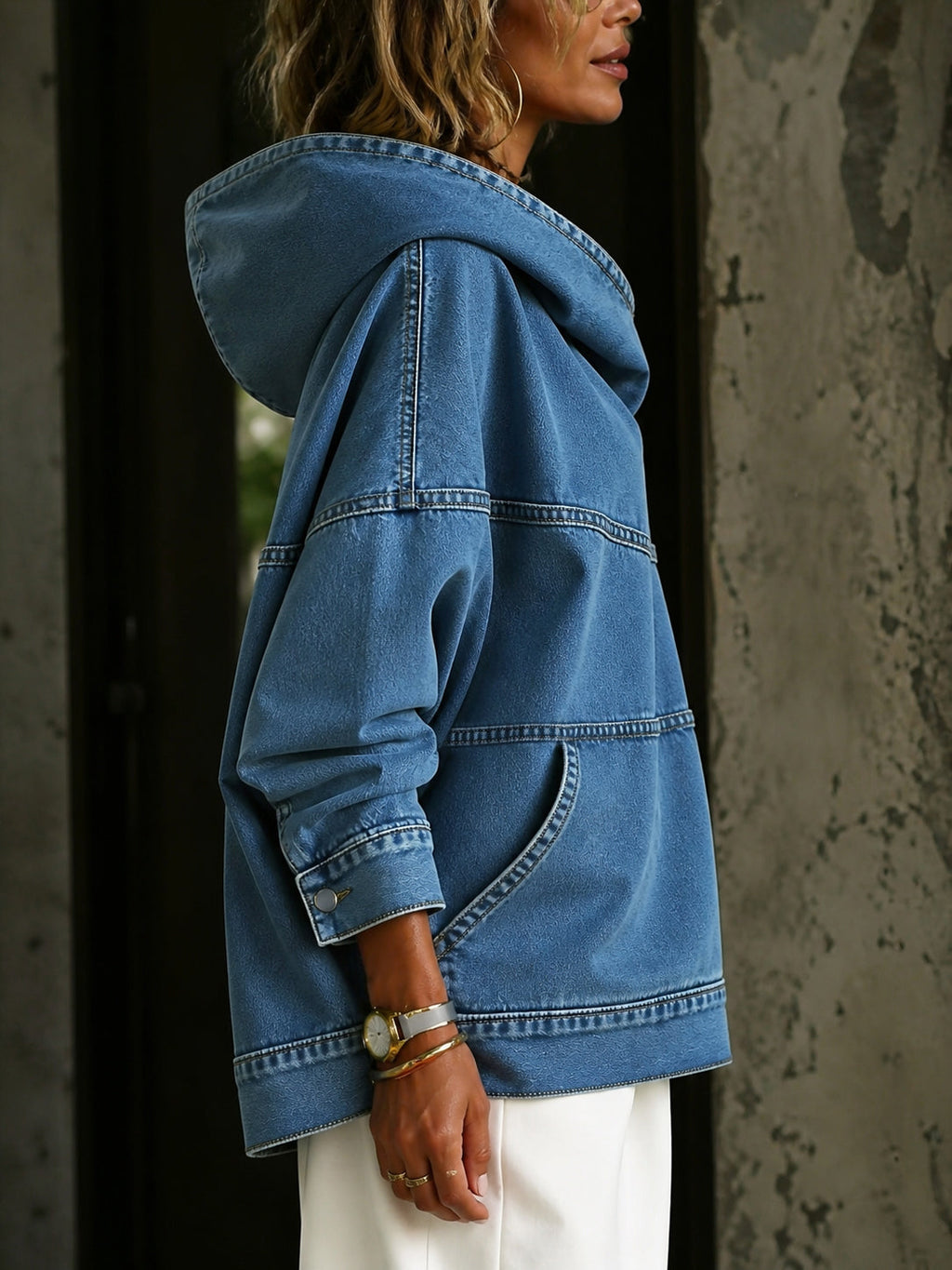 Women's blue hooded sweatshirt with long sleeves, panel seams and front kangaroo pocket