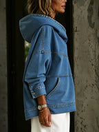 Women's blue hooded sweatshirt with long sleeves, panel seams and front kangaroo pocket