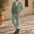 Men's muted green three-piece suit with textured jacket, waistcoat and trousers
