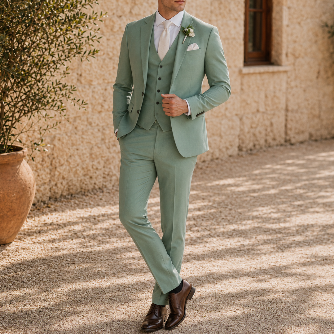 Men's muted green three-piece suit with textured jacket, waistcoat and trousers