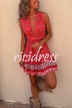 Red floral sleeveless mini dress with V-neck and border hem
