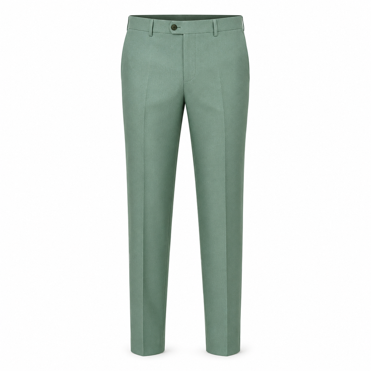 Men's muted green three-piece suit with textured jacket, waistcoat and trousers