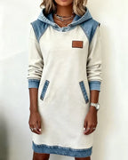 Women's long-sleeve hooded dress with contrast trim and front pockets