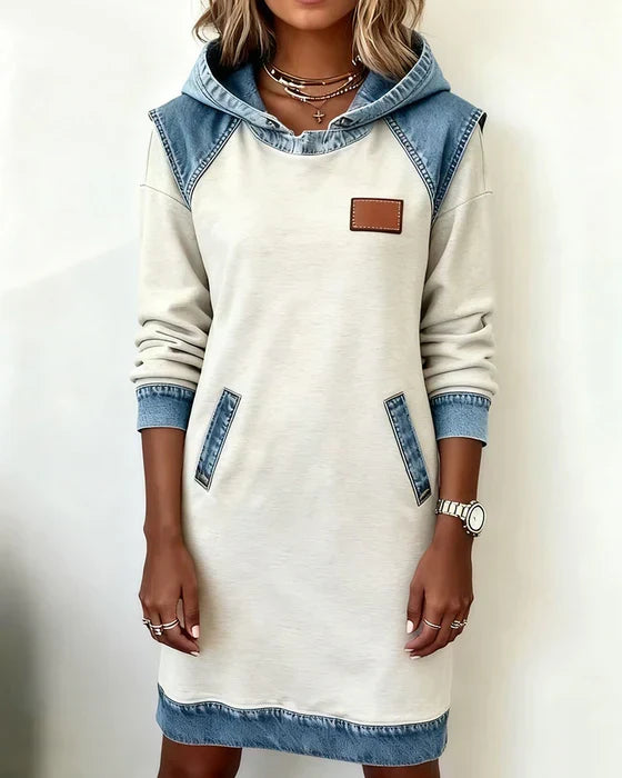 Women's long-sleeve hooded dress with contrast trim and front pockets